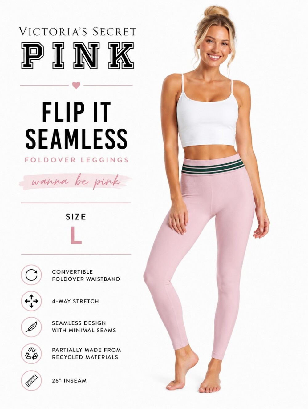 Victoria's Secret PINK Flip It Seamless Foldover Leggings – Wanna Be Pink   Size